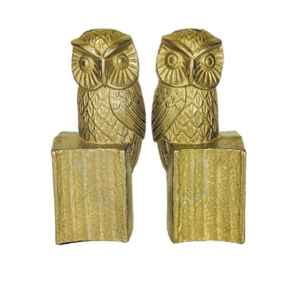 Vintage 60s MCM Brass Hollywood Regency Gold Owl Bookends Figurines